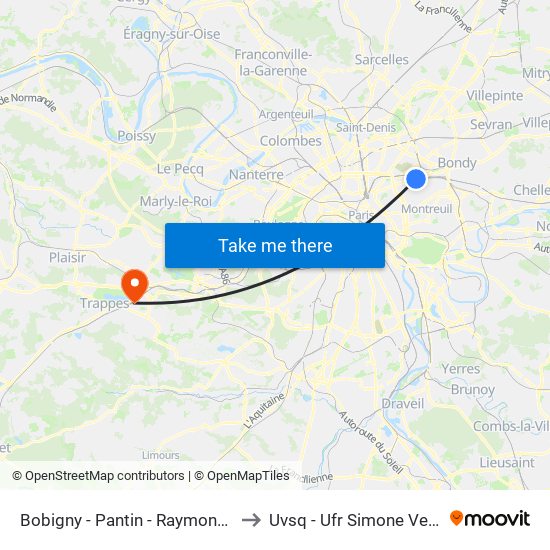 Bobigny - Pantin - Raymond Queneau to Uvsq - Ufr Simone Veil - Santé map