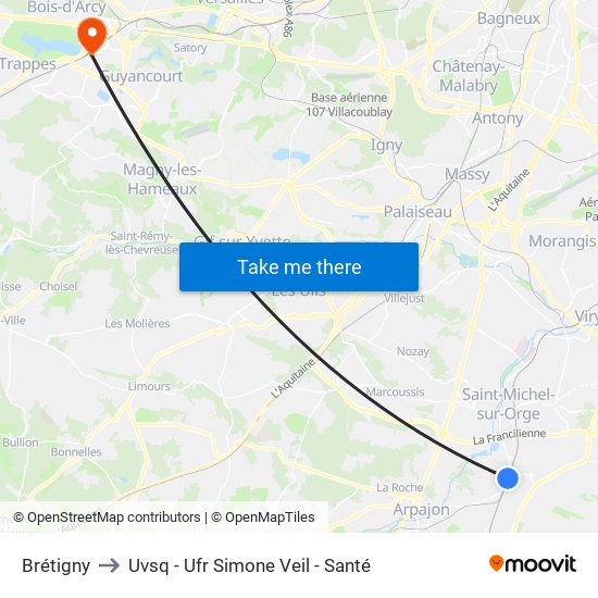 Brétigny to Uvsq - Ufr Simone Veil - Santé map