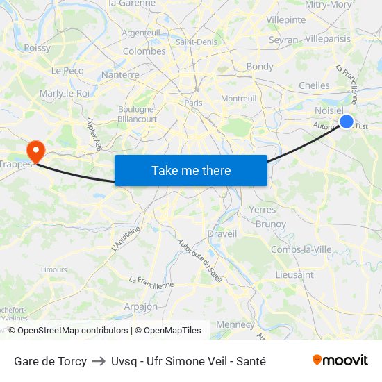Gare de Torcy to Uvsq - Ufr Simone Veil - Santé map