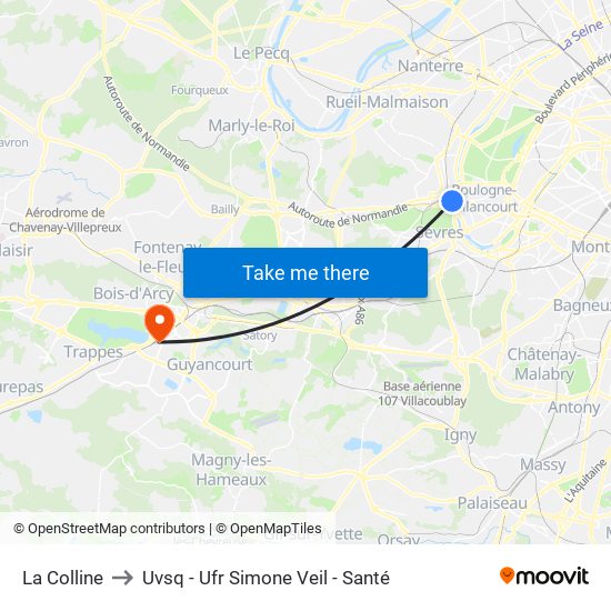 La Colline to Uvsq - Ufr Simone Veil - Santé map