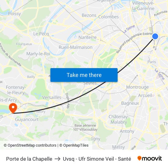 Porte de la Chapelle to Uvsq - Ufr Simone Veil - Santé map