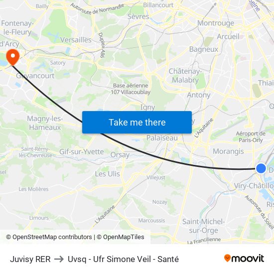 Juvisy RER to Uvsq - Ufr Simone Veil - Santé map