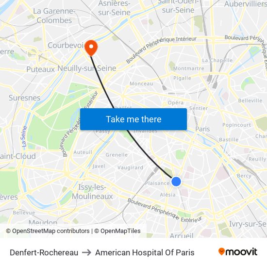 Denfert-Rochereau to American Hospital Of Paris map