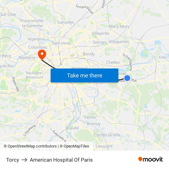 Torcy to American Hospital Of Paris map