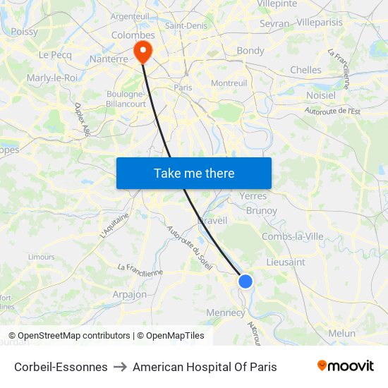 Corbeil-Essonnes to American Hospital Of Paris map