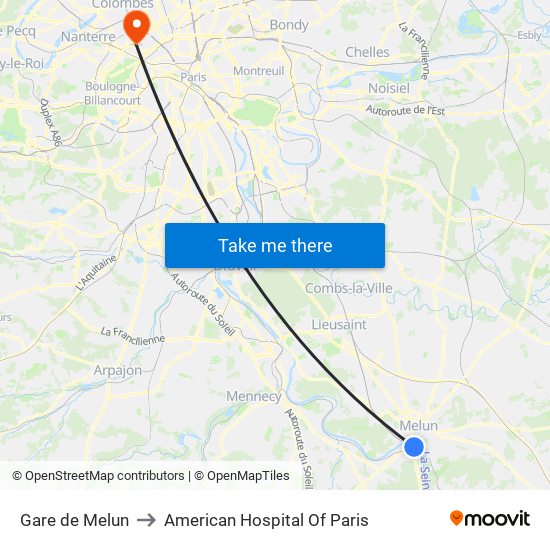 Gare de Melun to American Hospital Of Paris map