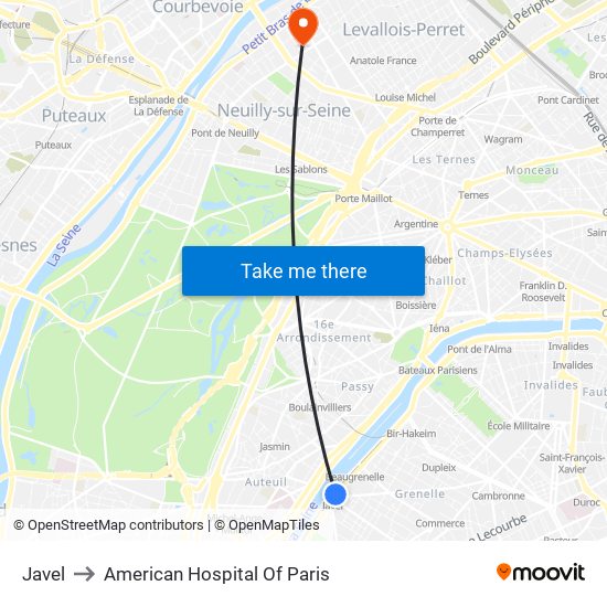 Javel to American Hospital Of Paris map