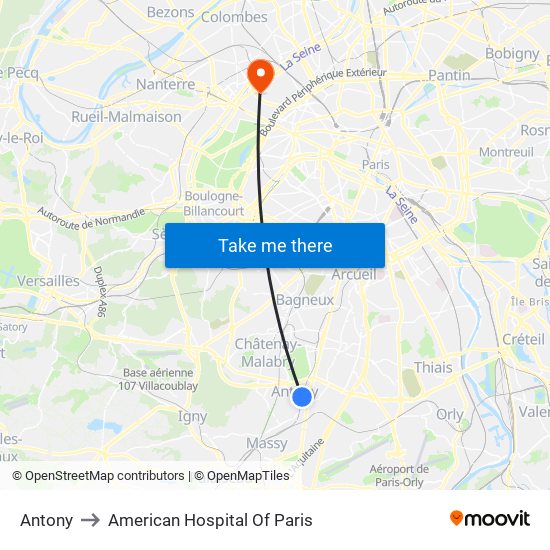 Antony to American Hospital Of Paris map
