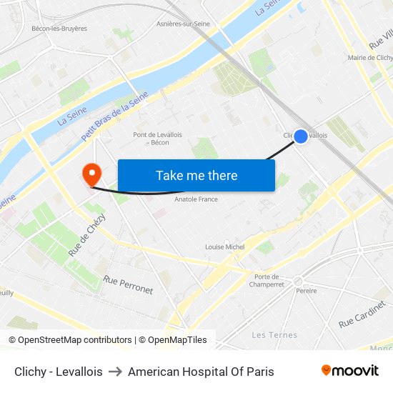 Clichy - Levallois to American Hospital Of Paris map