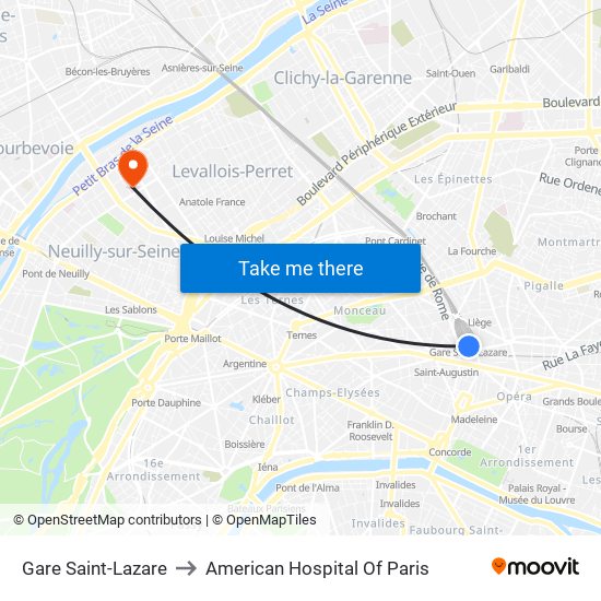 Gare Saint-Lazare to American Hospital Of Paris map