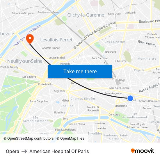 Opéra to American Hospital Of Paris map