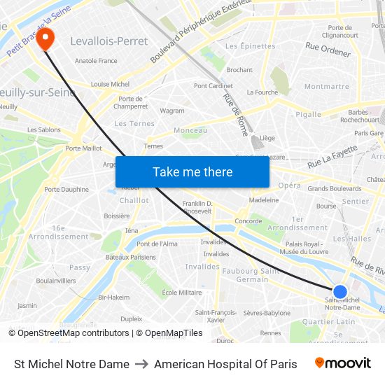 St Michel Notre Dame to American Hospital Of Paris map