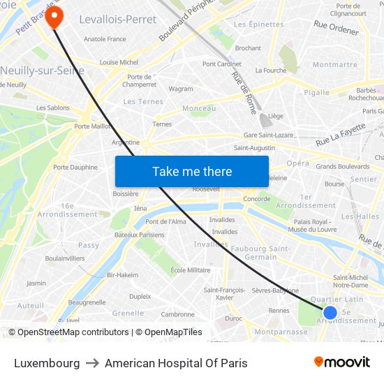 Luxembourg to American Hospital Of Paris map