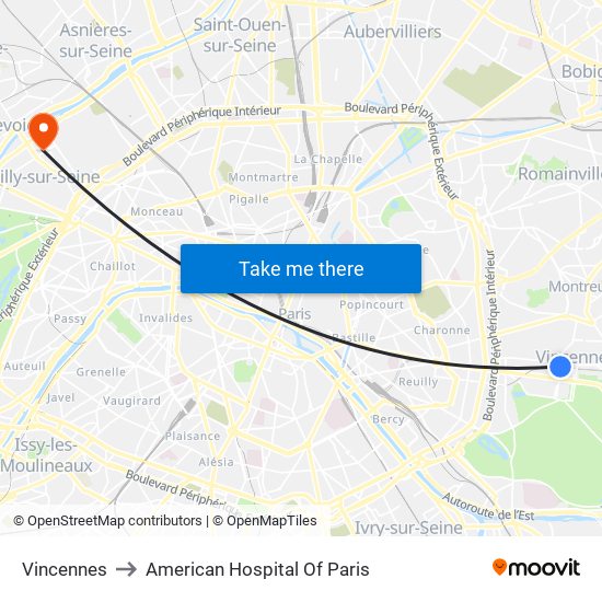 Vincennes to American Hospital Of Paris map
