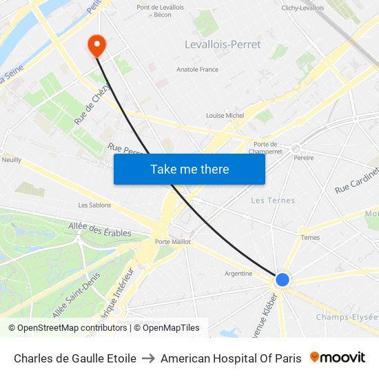 Charles de Gaulle Etoile to American Hospital Of Paris map
