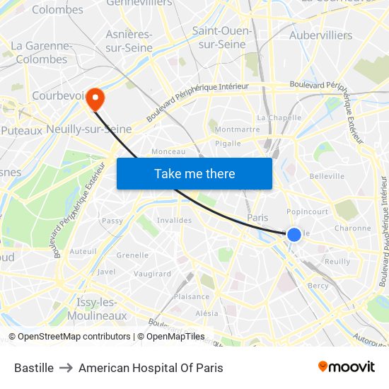 Bastille to American Hospital Of Paris map