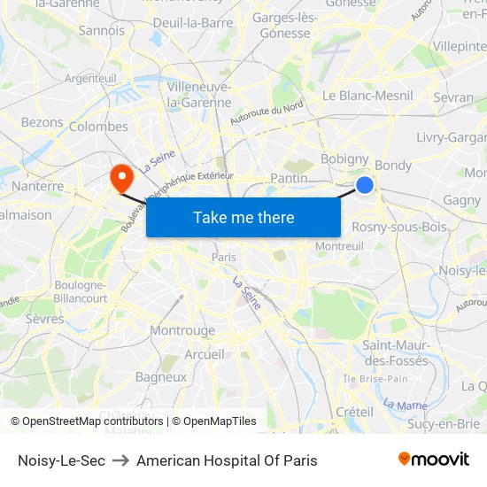 Noisy-Le-Sec to American Hospital Of Paris map