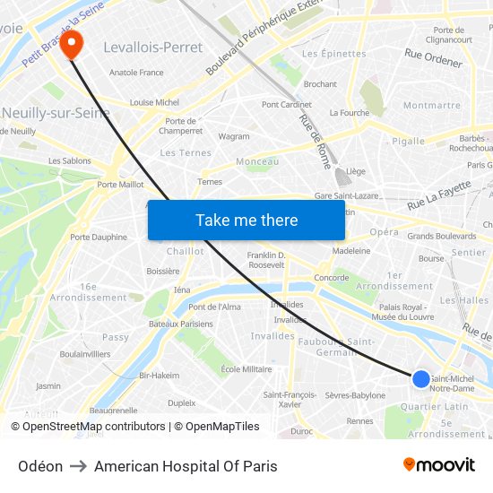 Odéon to American Hospital Of Paris map
