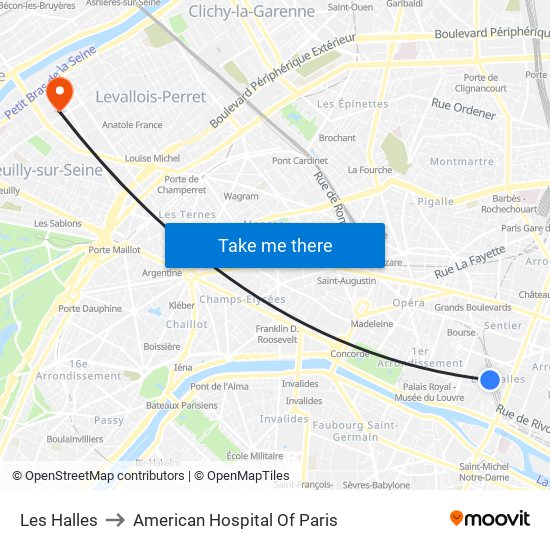 Les Halles to American Hospital Of Paris map