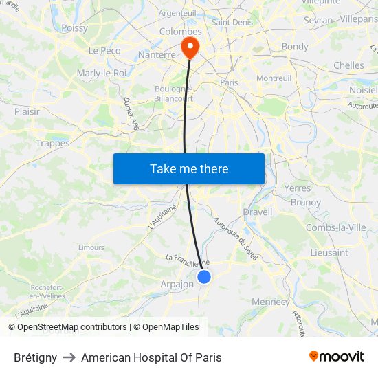 Brétigny to American Hospital Of Paris map