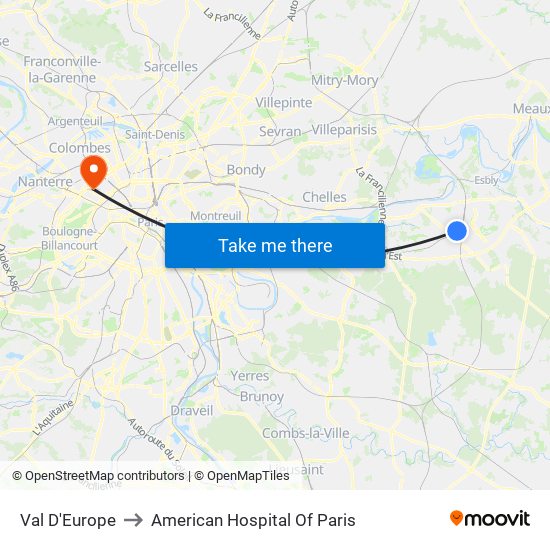 Val D'Europe to American Hospital Of Paris map