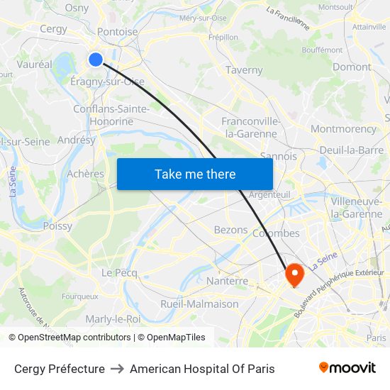 Cergy Préfecture to American Hospital Of Paris map