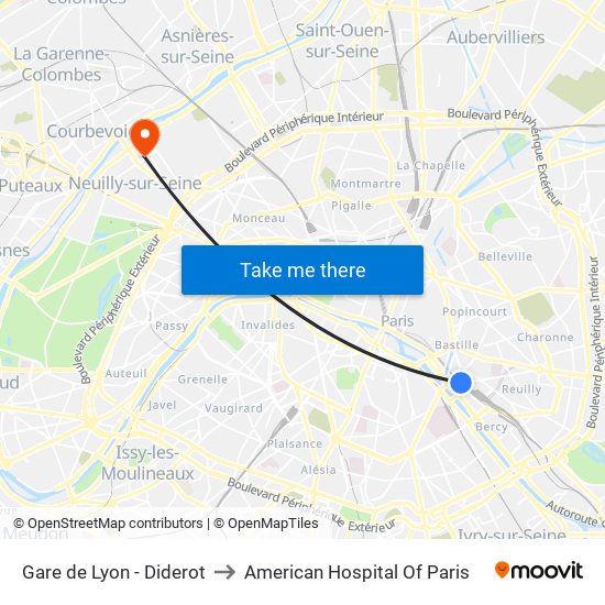 Gare de Lyon - Diderot to American Hospital Of Paris map