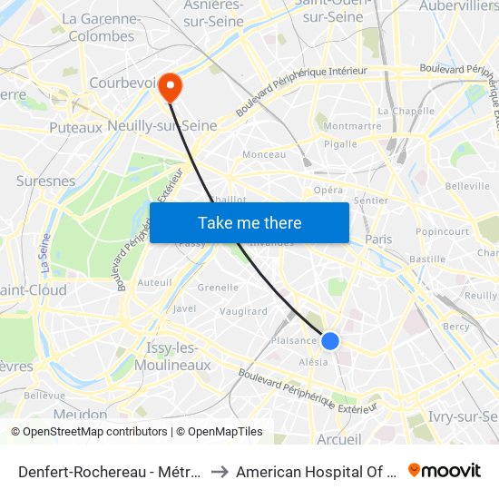 Denfert-Rochereau - Métro-Rer to American Hospital Of Paris map
