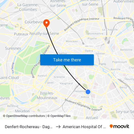 Denfert-Rochereau - Daguerre to American Hospital Of Paris map