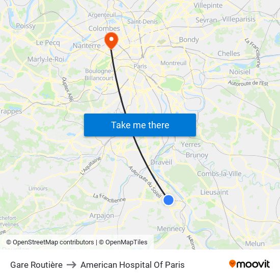 Gare Routière to American Hospital Of Paris map