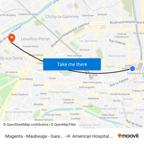 Magenta - Maubeuge - Gare du Nord to American Hospital Of Paris map
