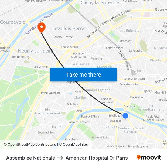 Assemblée Nationale to American Hospital Of Paris map