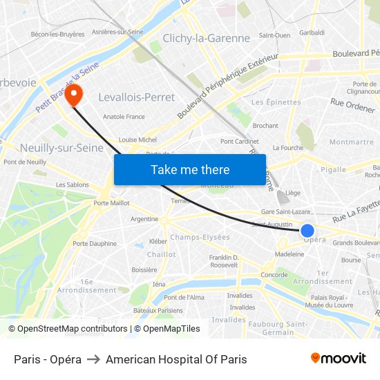 Paris - Opéra to American Hospital Of Paris map