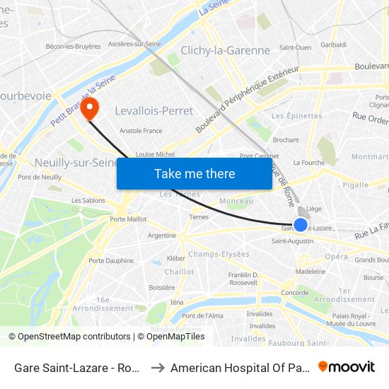 Gare Saint-Lazare - Rome to American Hospital Of Paris map