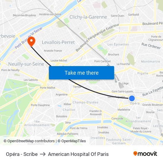 Opéra - Scribe to American Hospital Of Paris map