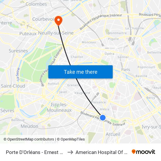 Porte D'Orléans - Ernest Reyer to American Hospital Of Paris map