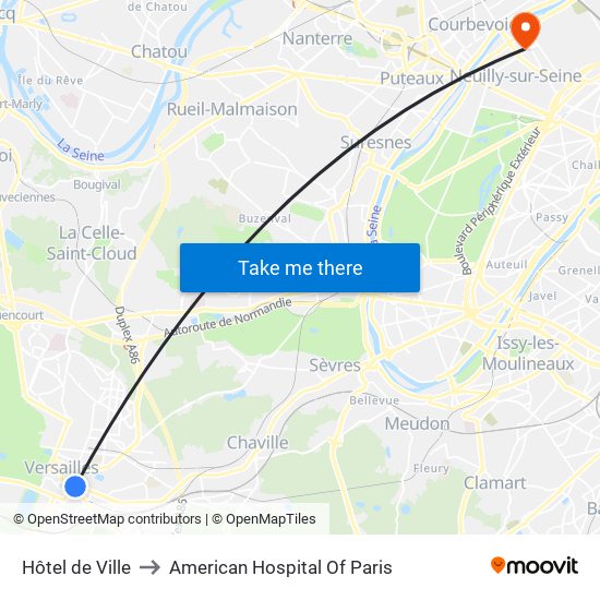 Hôtel de Ville to American Hospital Of Paris map