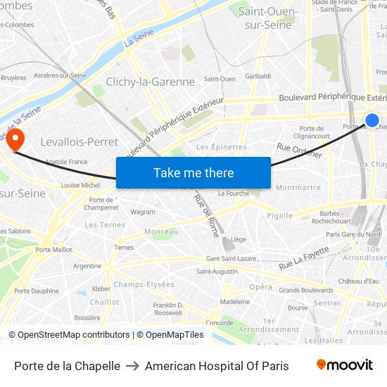 Porte de la Chapelle to American Hospital Of Paris map