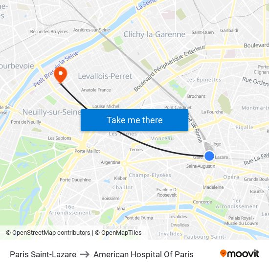 Paris Saint-Lazare to American Hospital Of Paris map