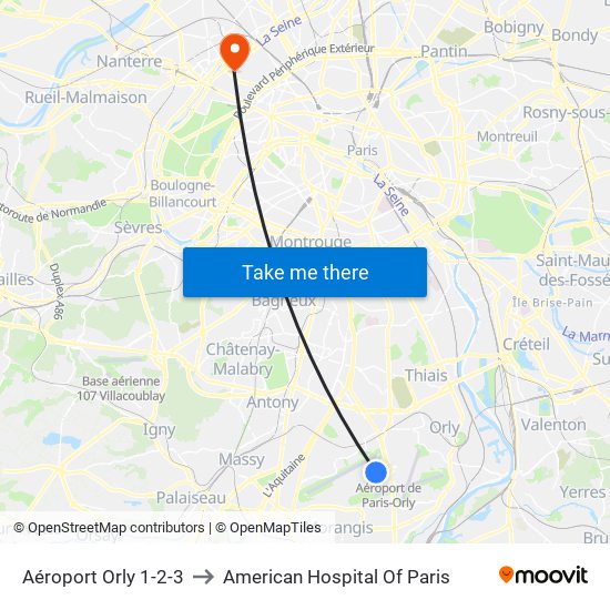 Aéroport Orly 1-2-3 to American Hospital Of Paris map