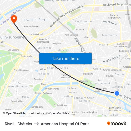 Rivoli - Châtelet to American Hospital Of Paris map