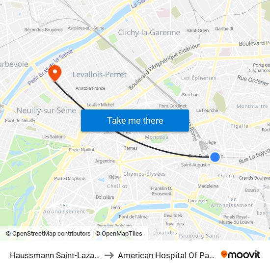 Haussmann Saint-Lazare to American Hospital Of Paris map