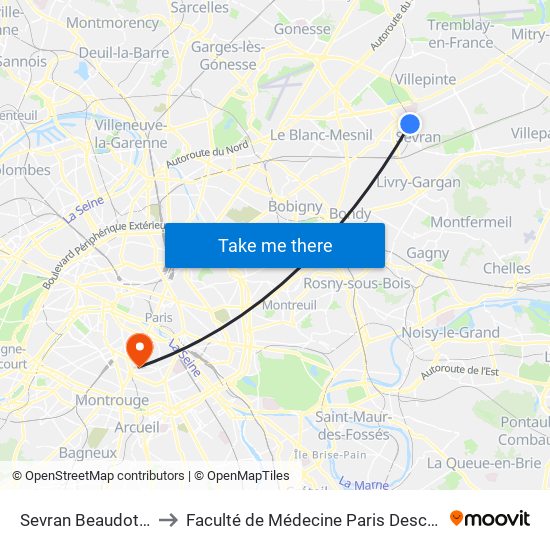 Sevran Beaudottes to Faculté de Médecine Paris Descartes map