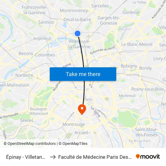Épinay - Villetaneuse to Faculté de Médecine Paris Descartes map