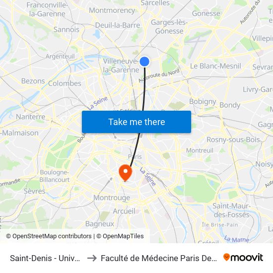 Saint-Denis - Université to Faculté de Médecine Paris Descartes map