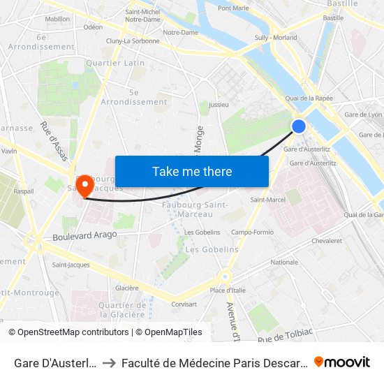 Gare D'Austerlitz to Faculté de Médecine Paris Descartes map