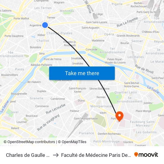 Charles de Gaulle Etoile to Faculté de Médecine Paris Descartes map