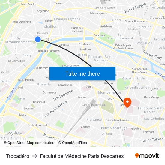 Trocadéro to Faculté de Médecine Paris Descartes map