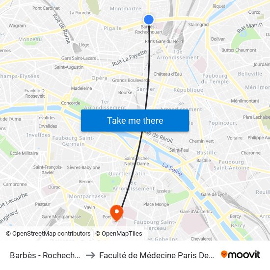 Barbès - Rochechouart to Faculté de Médecine Paris Descartes map