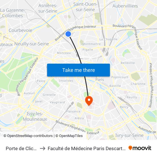 Porte de Clichy to Faculté de Médecine Paris Descartes map